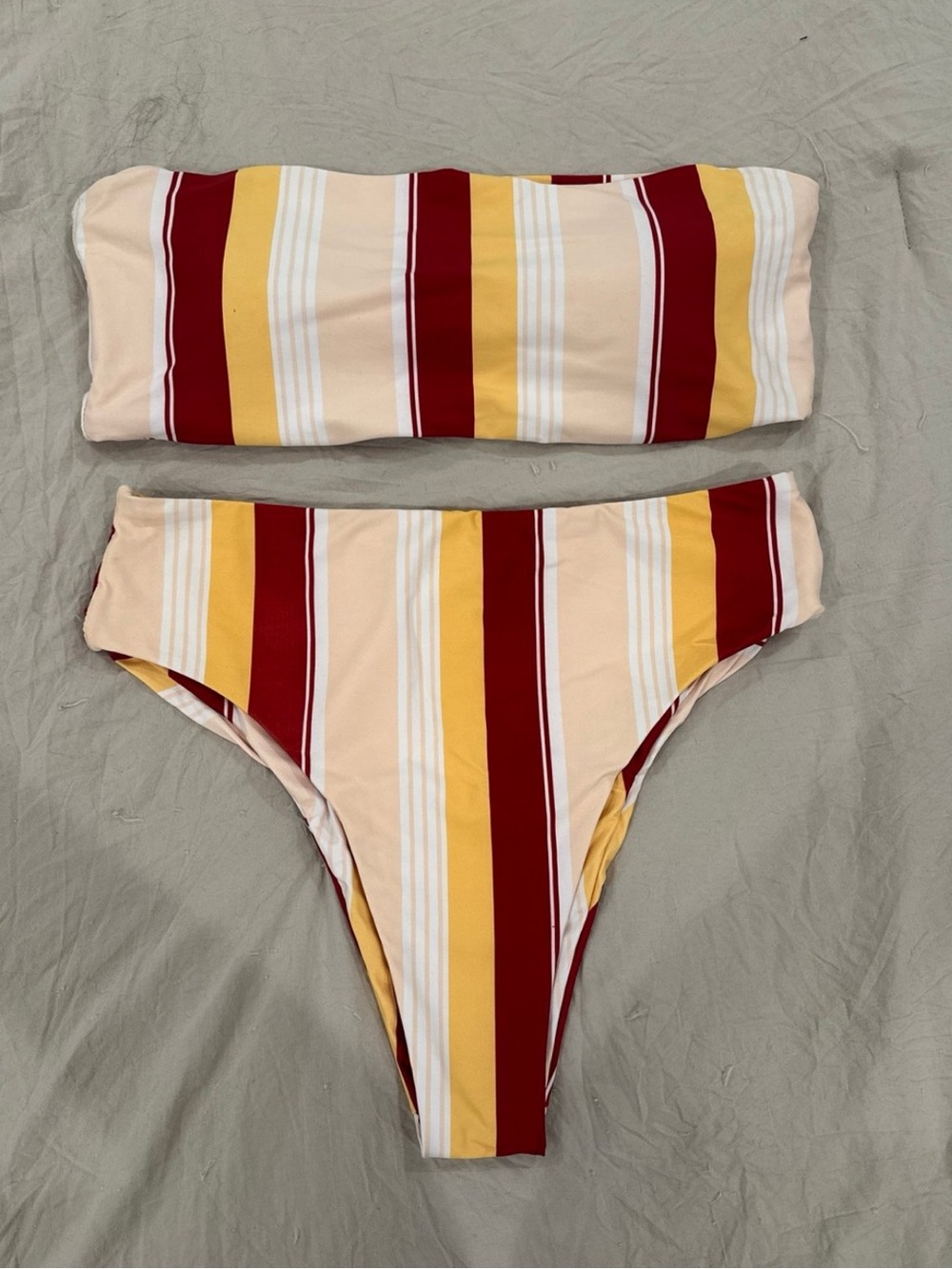 SHEIN Striped Bandeau Bikini Set in Maroon, Yellow, Cream